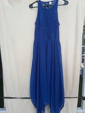 Divided Royal Blue Crochet Bodice Asymmetrical Hem Dress